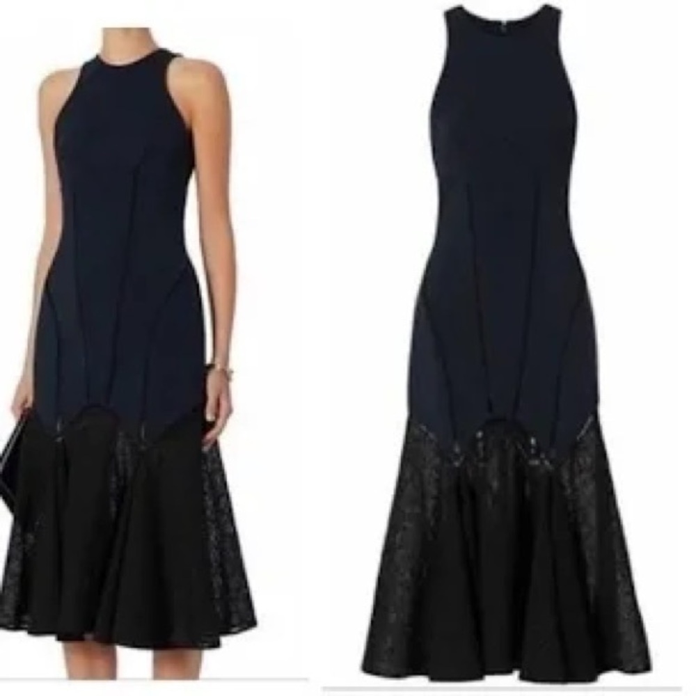 Jonathan Simkhai navy blue black ladder lace inset midi dress 8